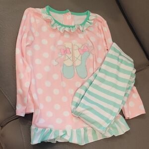 Girls Pink Polka Dot Ballet Pajama Set with Mint Trim